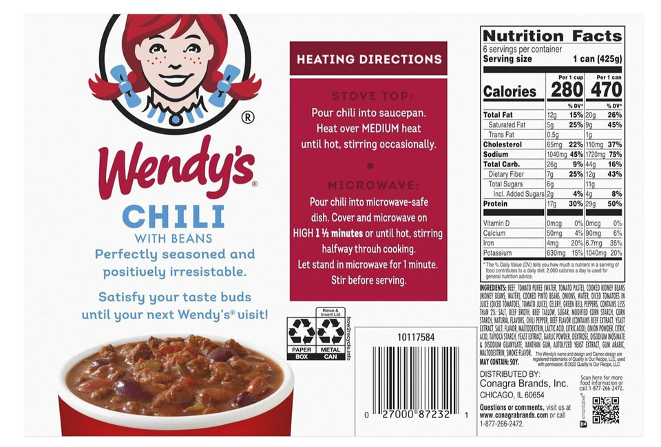 6 Cans Wendy's Chili With Beans, Canned Chili, 15 oz each can, beef 29g ...