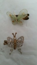 Set of 2 VINTAGE BUTTERFLY HAIR CLIPS--1 Spring Wing Silver 1 Gossamer Green