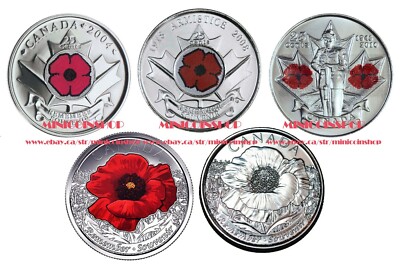 Canada Remembrance 2004 2008 2010 2015 25-Cent Poppy Quarter 5
