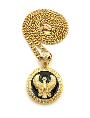 Egyptian Horus Bird Round Pendant 6mm 24'' Cuban Chain Hip Hop Necklace CP172G