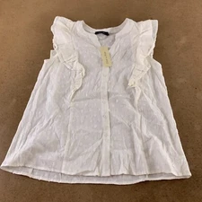 Doe & Rae Women's Size Medium White Shimmer Stripe Sleeveless Ruffle Top NWT