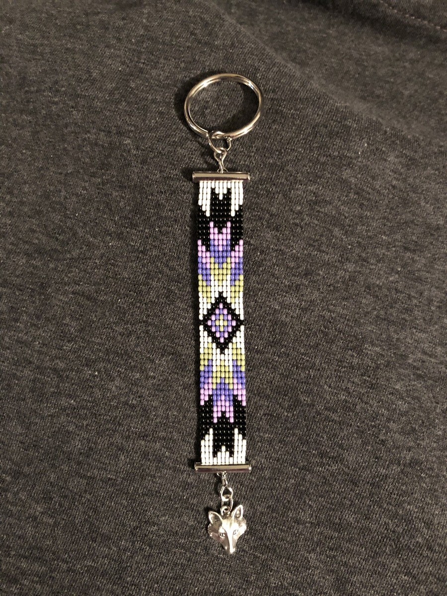 Loom Beaded Keychain Handmade Seed Beads Silver Plated Wolf Head Pendant