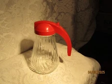 Red Plastic Handle Slide Spout Ribbed Glass Sugar Pitcher Made in USA