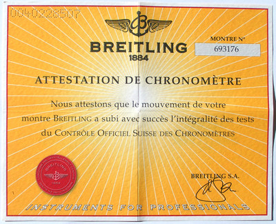Certificat De Chronomètre Breitling Vintage - Papier D'Attestation - Occasion Collection