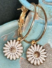 Gold Lever Back Hoops Flower Dangle Earrings. Daisy. Bloom