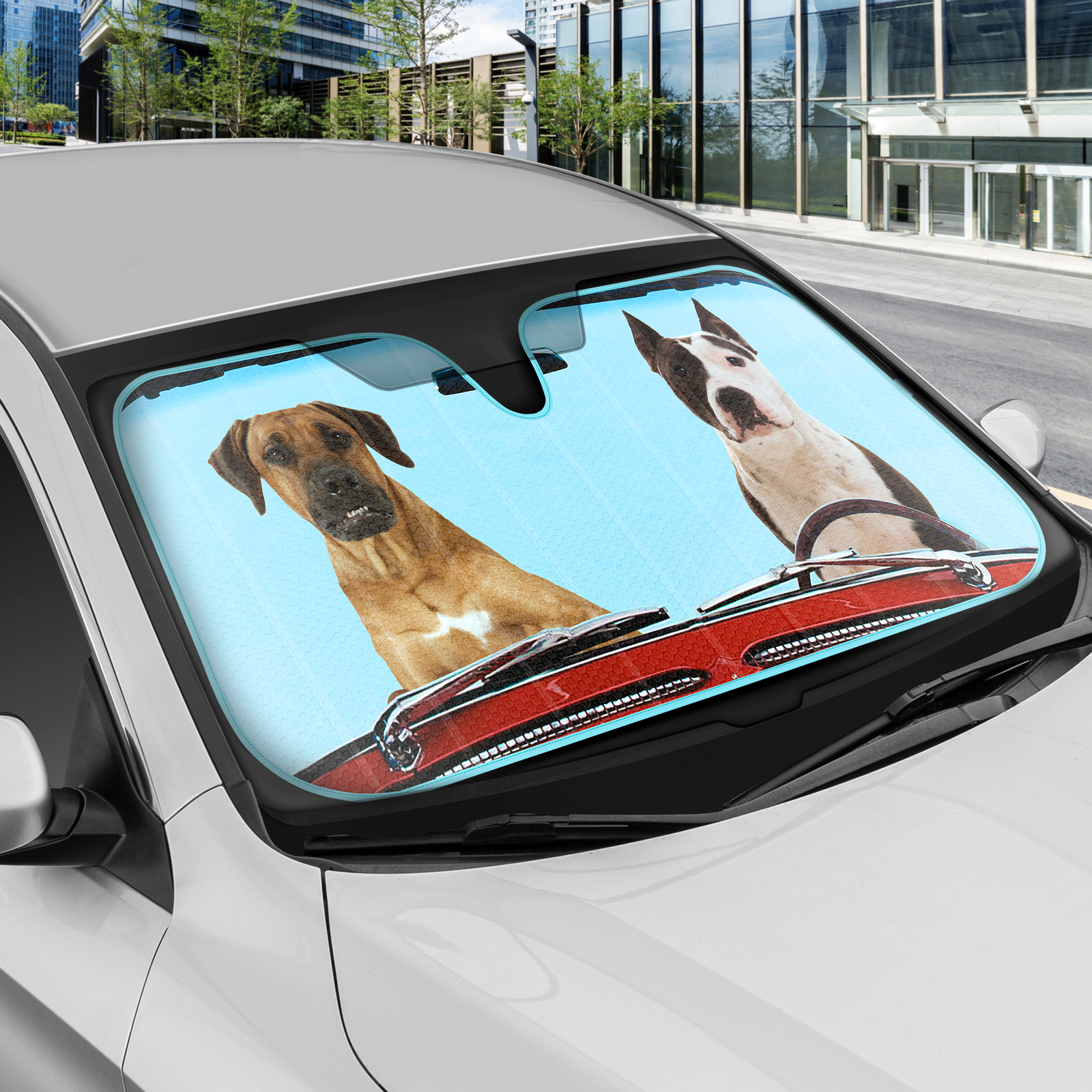 2 Dogs Driving Car Sun Shade Boxer Pitbull Auto SUVs Van Windshield