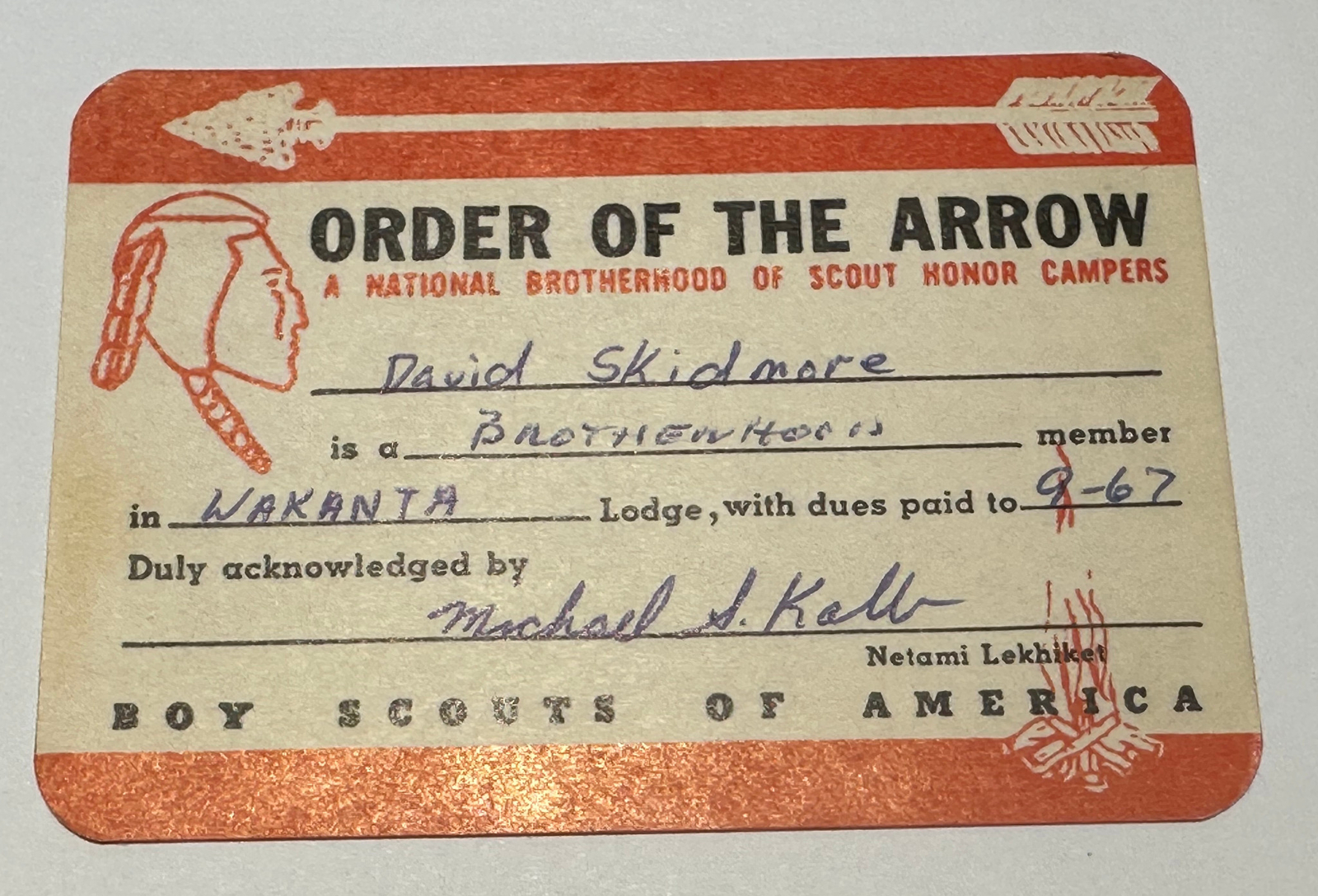 Boy Scout OA Membership Card Lodge 84 Wakanta New Jersey 1967   RC6