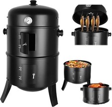 Barbecue Fumoir Multifonctions BBQ Grill Charbon de Bois Fumoir Smoker Ø44*80cm