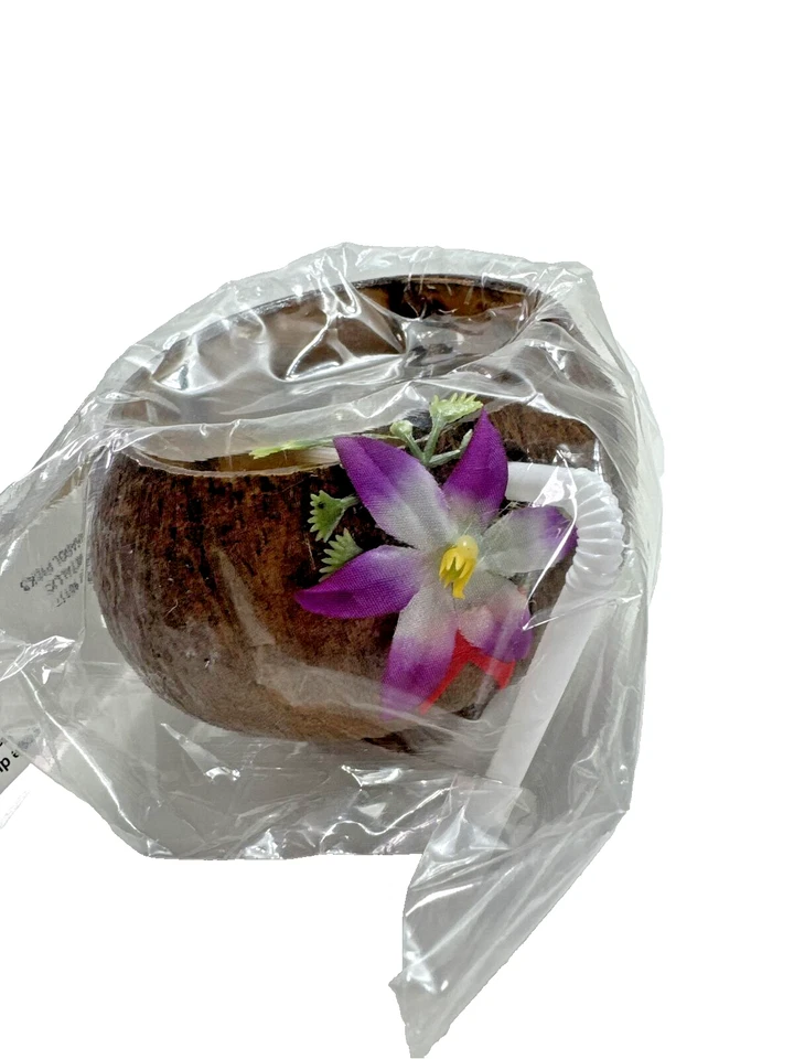 NOVO ESTOQUE ANTIGO 4X Copo de Coco 10 oz com Flor/Palha Luau Fornecimento de Festa e Decoração - Imagem 4 de 4