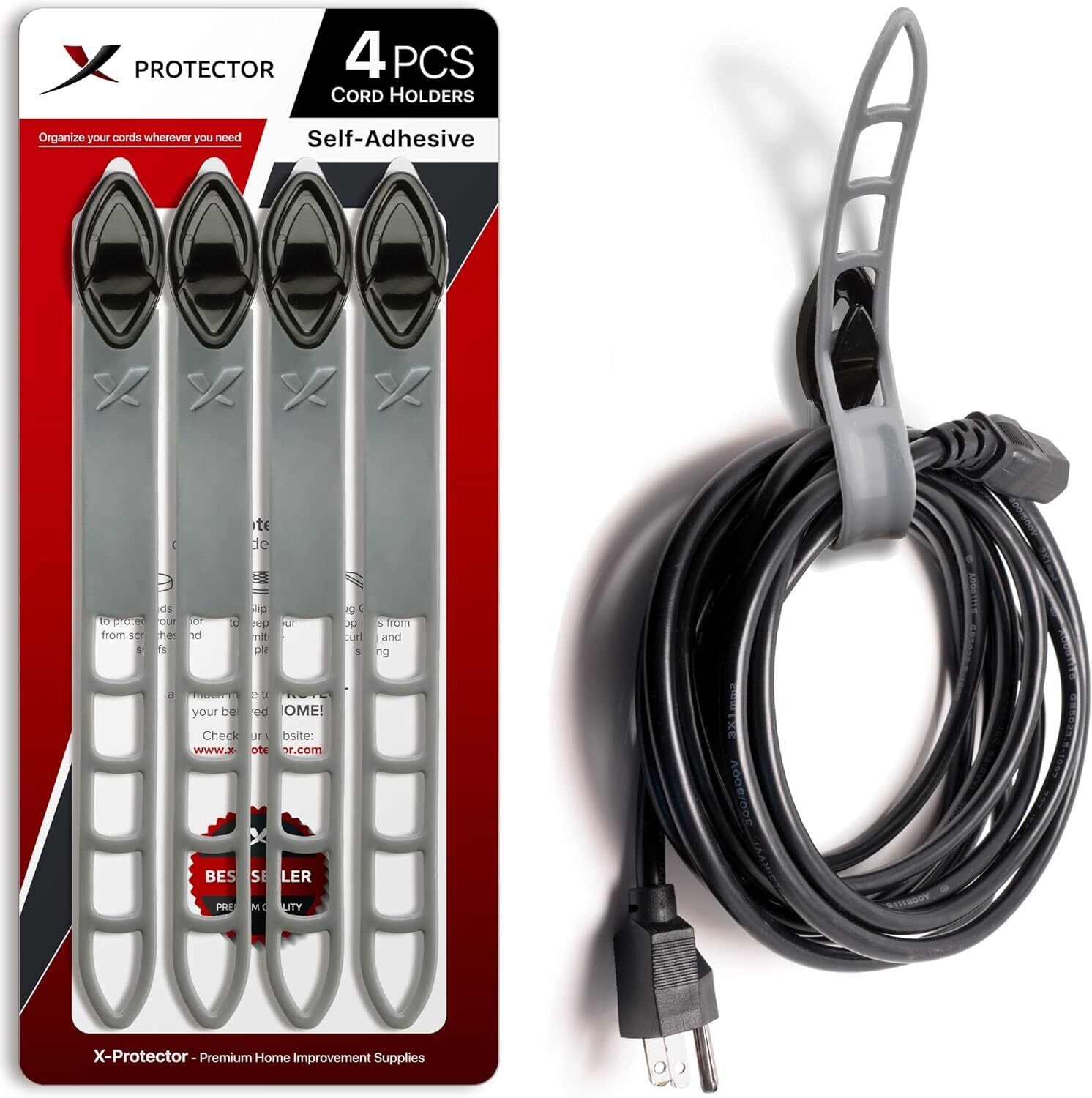 Extension Cord Holder X-Protector - 4 PCS Self-Adhesive Appliance Black,grey-image