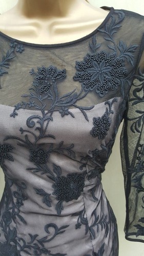 Size 10 UK KAREN MILLEN Black Mesh Floral Embroidered Beaded Party Mini DRESS - Picture 3 of 6