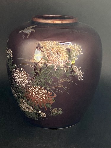 Vintage Hand Painted Japanese Brown Betty Redware Ceramic Vase, 5" Tall - Picture 2 of 5