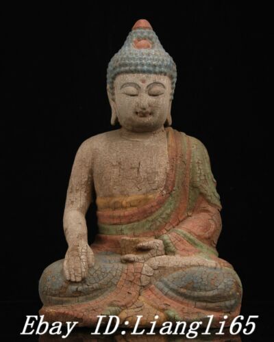 14'' Tibet Holz Malerei Shakyamuni Sakyamuni Amitabha Buddha Sit Statue - Picture 1 of 9