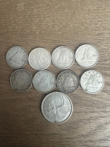 Lot of 8 Canadian Silver Dimes and 1 Silver Quarter Various Dates