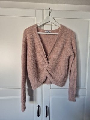 Rosa Fashion Nova Knotenpullover, Wollpullover mit V-Ausschnitt gecroppt