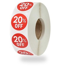 1000 Stickers, Discount Percent Off, 1 Inch Round, Promotion Labels 20 Off Red 