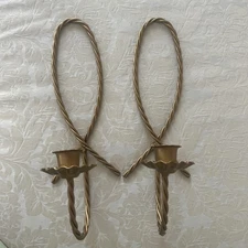 Pair Vtg Home Interior Gold/Brass Metal Twisted Rope Wall Sconces W/ Votives