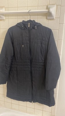 Lands' End Women's Hooded Quilted Full Zip Mid-Length Jacket L/P Black
