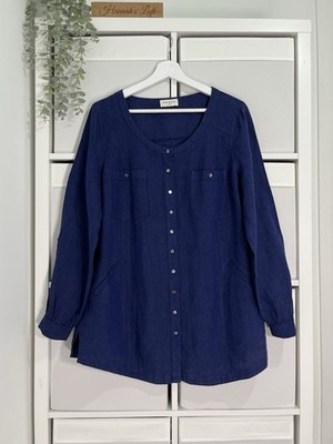 Monsoon Leinen Tunika Top Gr. 12/14 blau Taschen verstellbare Ärmel Chose Utilty