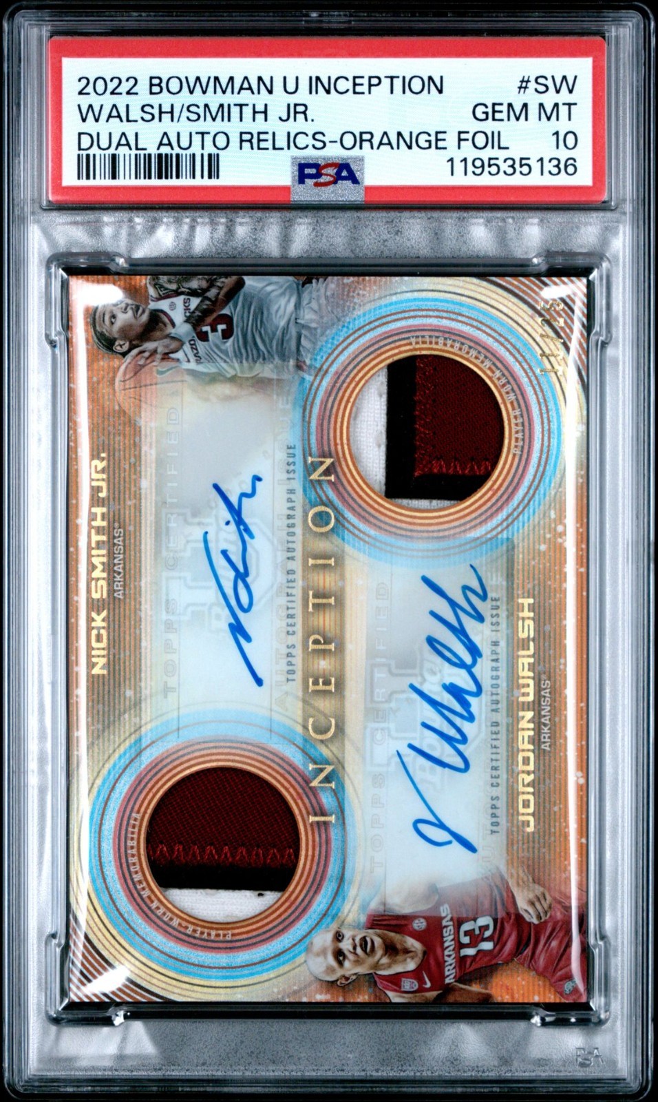 2022 BOWMAN U INCEPTION NICK SMITH JR./JORDAN WALSH ORANGE FOIL AUTO PSA 10 view 1