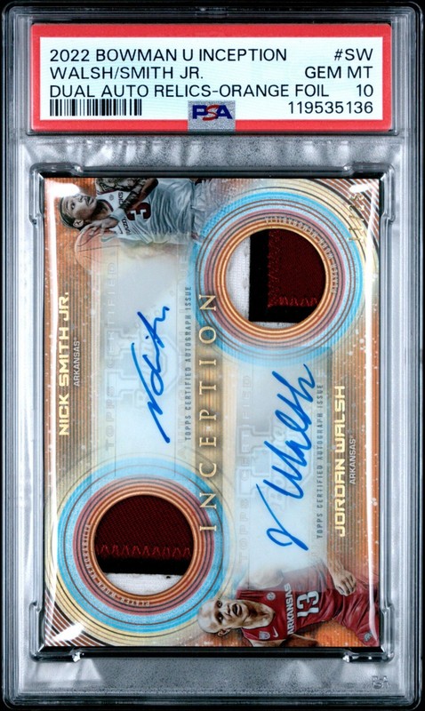 2022 BOWMAN U INCEPTION NICK SMITH JR./JORDAN WALSH ORANGE FOIL AUTO PSA 10