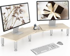 Dual Monitor Riser - Adjustable Length Angle, Wooden Stand for 2 Monitors w...