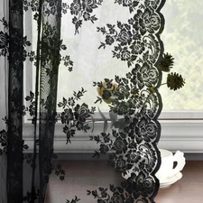 Black Lace Curtains 54 Inch Length 2 Panels, Country Rustic Floral Pattern Gothi
