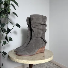 Vintage 2000s grey slouchy mid calf tall rounded toe low heel fold over boots, 9