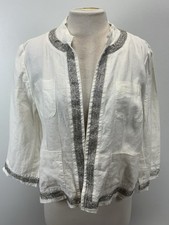 Chicos Linen Jacket Sz 2 US Large Open Front White Silver Beaded Trim READ