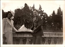 Vintage WWII Era Photo US Army Soldier Woman on Balcony Pyramid Snapshot 1940s