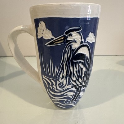 Handmade Studio Pottery Mug Sgraffito Blue White Ceramic Impressed ''G'' Mark