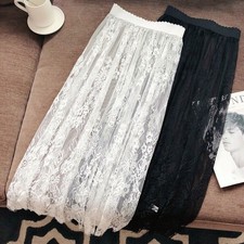 Women Sheer Lace Skirt Underskirt Petticoat Mesh Midi Slips Extender Floral Lady