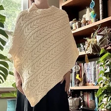 Avoca Irish Cream Merino Wool Cable Knit Asymmetrical Poncho