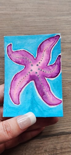 ACEO Original Pink Starfish Watercolor Painting On Paper 2.5x3.5 By Estelle