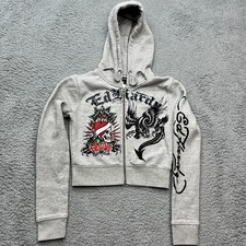 Ed Hardy Heart Roses Cropped Hoodie Womens S Heather Gray Skull Dragon