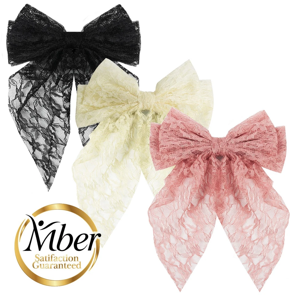 Mber 3 Pack Hair Clip Barrettes Lace Hair Bows, Pink White Black Bow Hair Clip