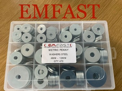 Sortimentskasten M4 M5 M6 M8 M10 M12 Penny Schutzblechscheiben Stahl Zink Pack