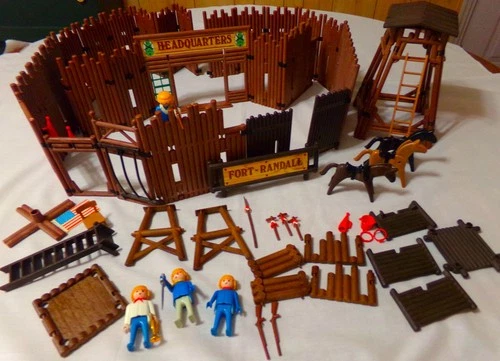Vintage 1976 Playmobil Fort Randall walls, signs, horses, figures and more