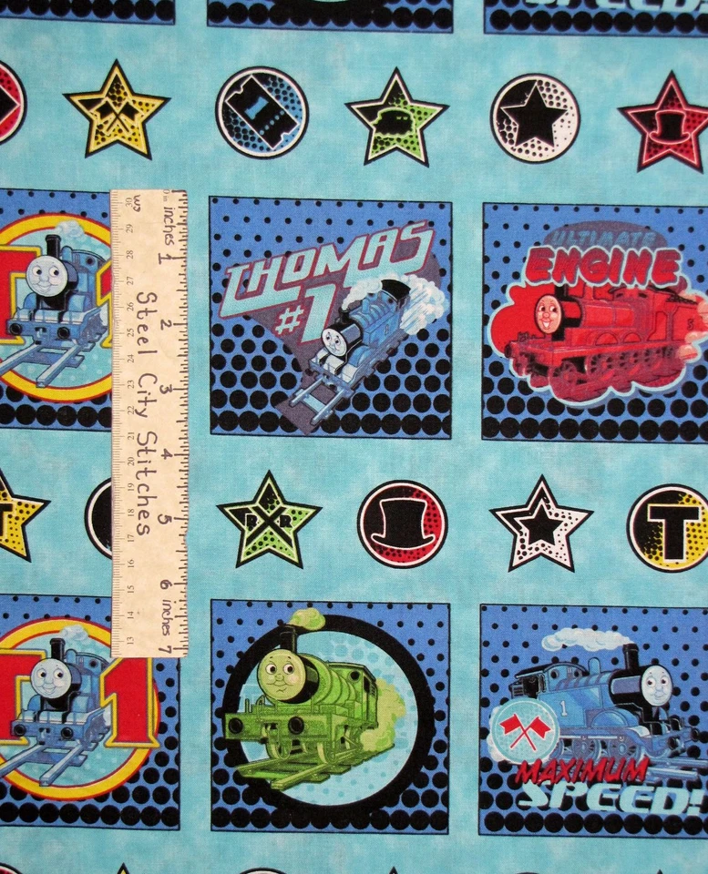 Tela de tren locomotora motivo de ferrocarril azul aguamarina bloque tela de algodón por yarda Foto 2 de 3
