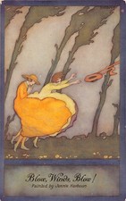 B088 Girls Blown by Wind losing Hat Fashion Art by Jennie Harbow postcard