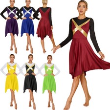 Womens Praise Dance Dress Long Sleeve Worship Costume Shiny Liturgical Dancewear