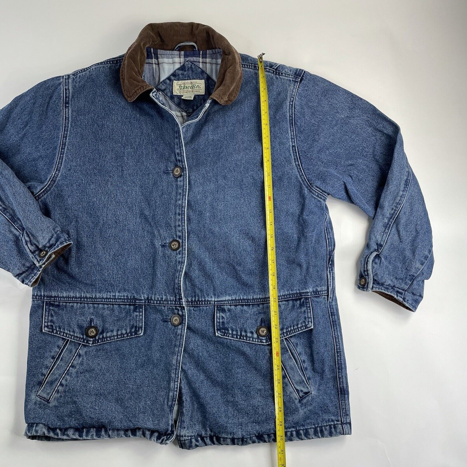 Vintage St John's Bay Jacket Large Blue Mens Denim Button Up Plaid Lining  Used