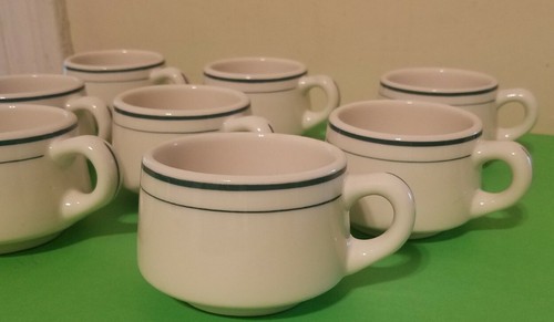 8 Pc Set Syracuse China 6 Oz White Thick Cups W / Green Stripes Bands Made USA - Bild 3 von 11
