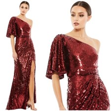 Mac Duggal 93540 Womens 16 Dark Red Sequins One Shoulder Slit Cap Sleeve Dress