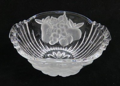 Vintage Crystal Candy Dish with Frosted Fruit Pear Apple Grapes Strawberry