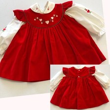 vintage Baby Girl 2 PC Red Velvet Dress 12 mnths Embroidered Hearts EUC