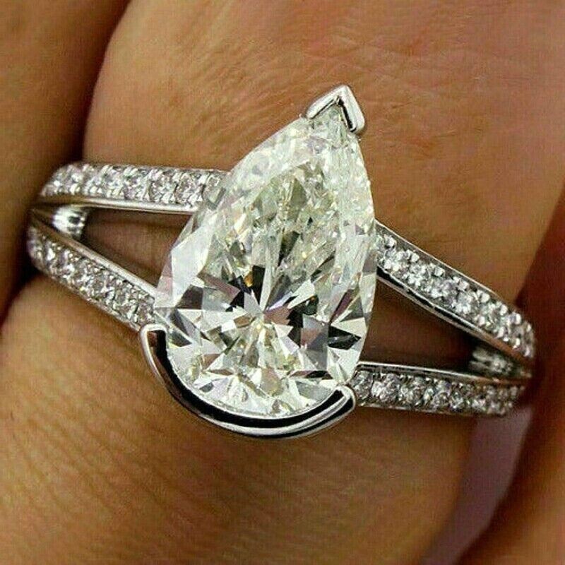 3.29ct Pear Solitaire Pave Simulated Diamond Engagement Ring 925 Sterling Silver