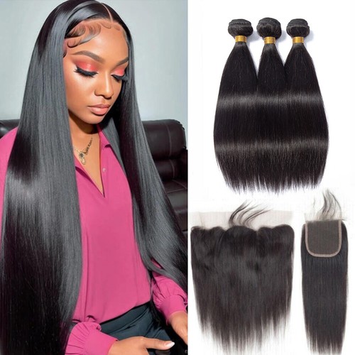 Straight Human Hair Bundles with Closure 4×4 Lace Frontal Remy Hair Extensions - Picture 1 of 17