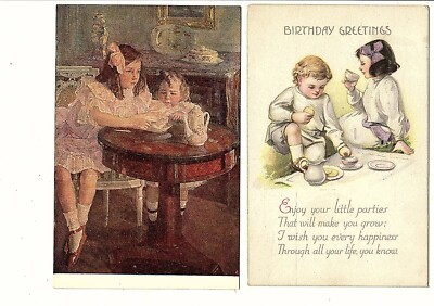 (2) Children Postcards -Children Having Tea -One by Artist Richard Miller