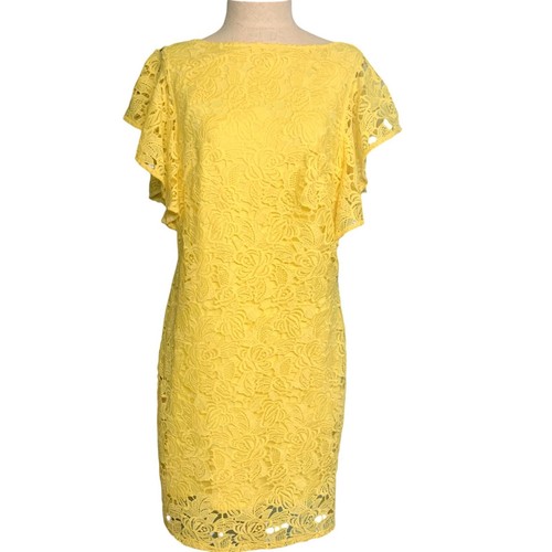 Marina Floral Lace Lined Cap Sleeve Dress Yellow Midi Sheath Dress Sz Med